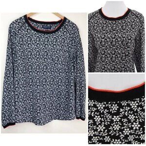 Jones New York Womens Sz L Pullover Top Thin Floral Print Black White Blouse